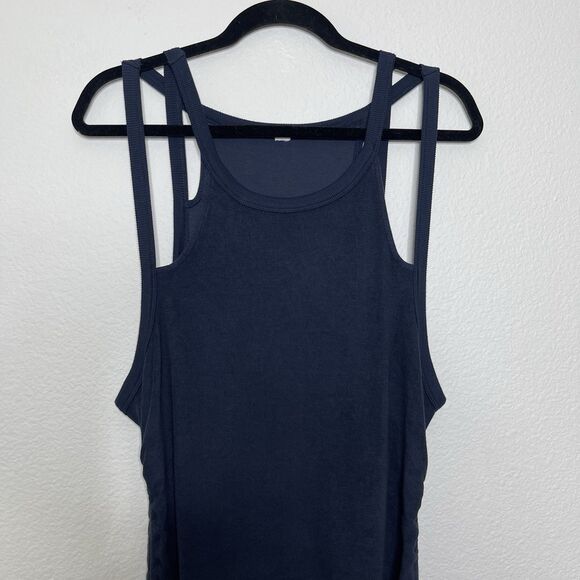 Anthropologie Daily Practice Midi Dress Large Tank Blue Strappy Sleeveless Ruche - Picture 3 of 12